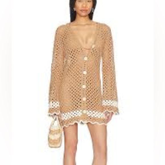 LPA Lanita Open Crochet Cotton Mini Dress/Cover Up in Tan & Ivory - Size Small - Picture 1 of 7